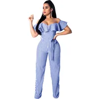 

Women's casual strapless striped ruffle wide-leg pants jumpsuit