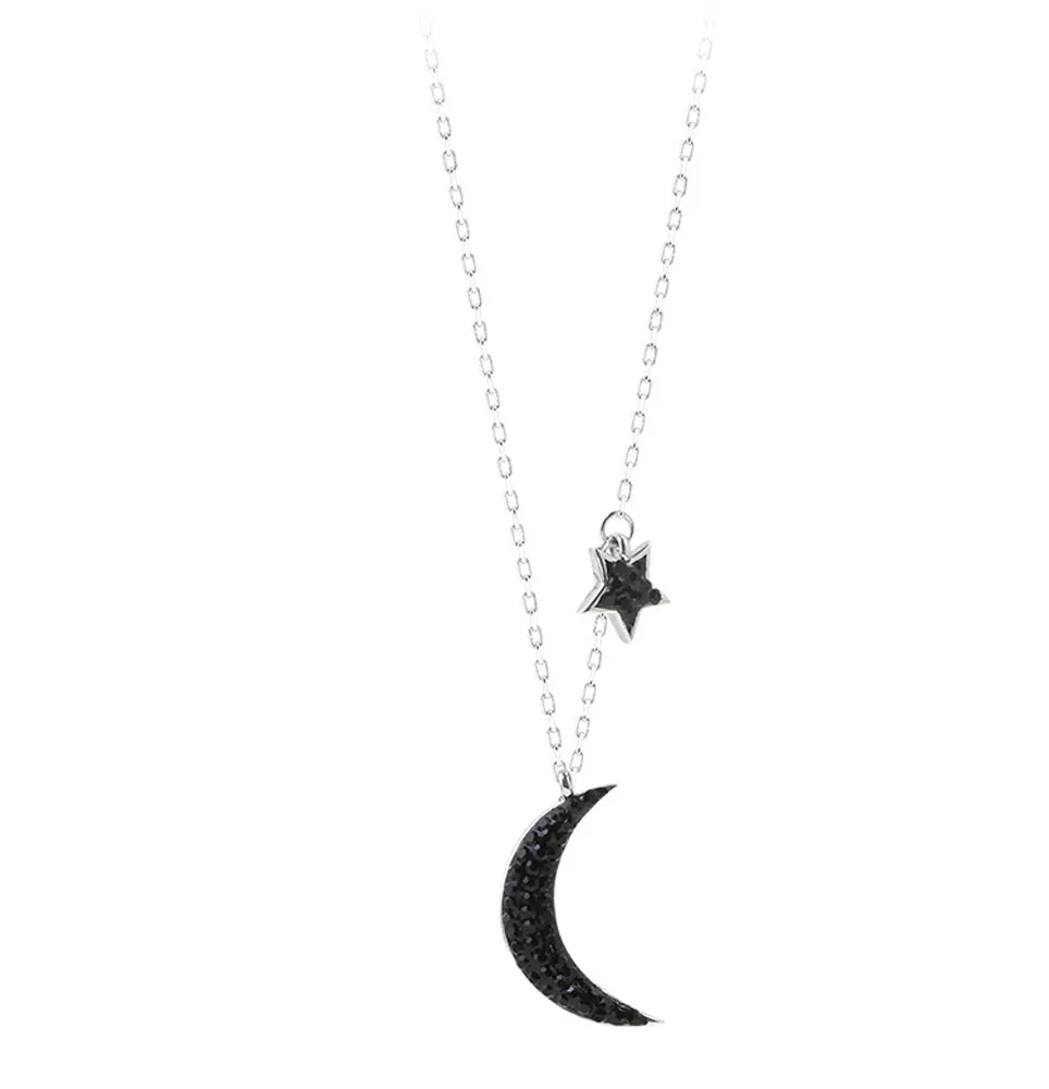 

Chic Jewelry Wholesale 925 Sterling Silver Women Beautiful Black Moon Stars Crystal Pendant Necklace