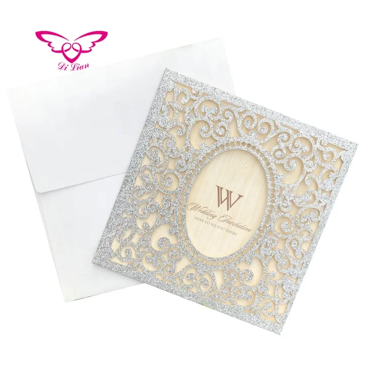 
Laser Cut Gold Glitter Paper Wedding Invitation Card 