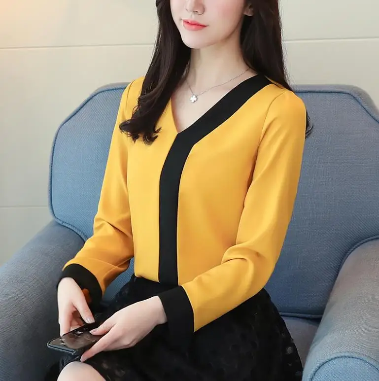 

2020 fashion chiffon office lady shirt women blouse long sleeve V-neck women tops patchwork women's clothing shirts, As shown