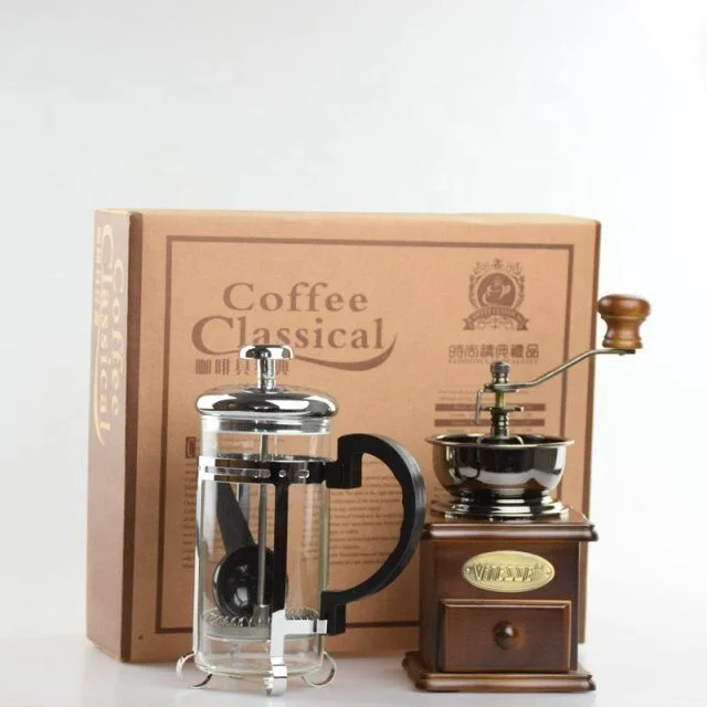 

Coffee Press Packaging Gift Box one Glass Pot French Press + Coffee Manual Grinder for Family/Friends Gift