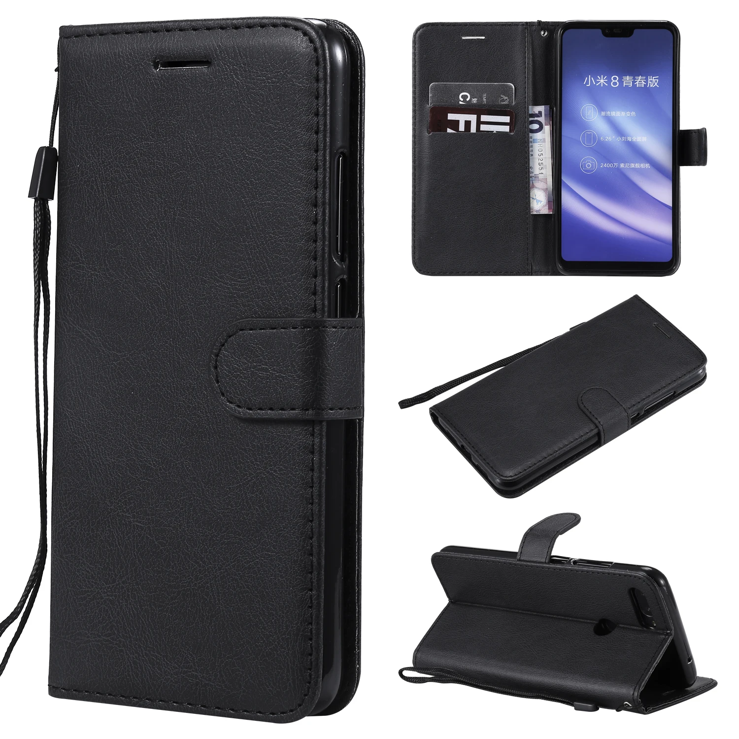 Good Quality Megnetic Flip Wallet Phone Case for Xiaomi Mi 8 Lite Men Black PU Leather Protective Cover for Mi Mi8 Lite Boy Case