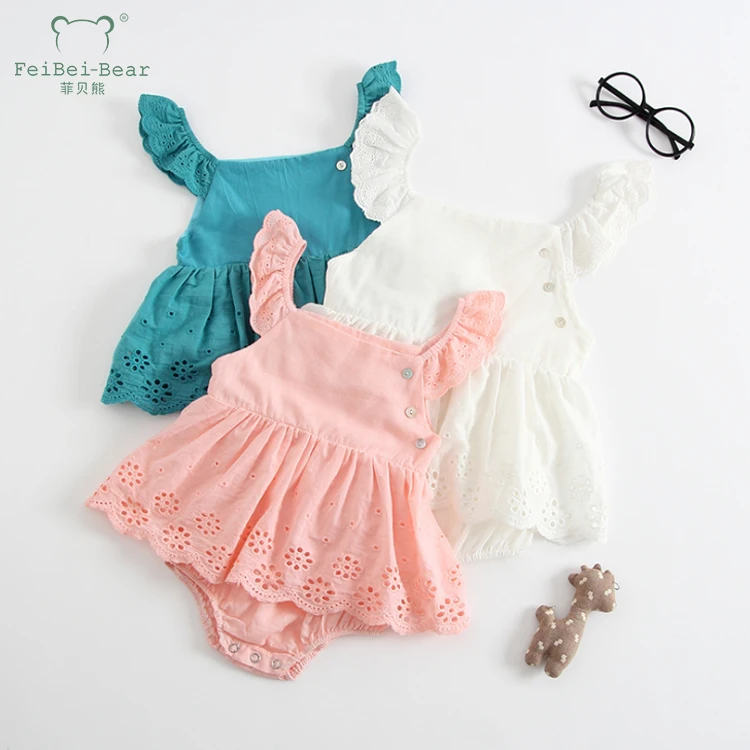 

Newborn Baby Girl Tiny Cotton Solid Color Eyelet Lace Baby Romper