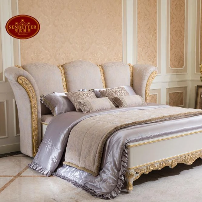 
0066 European white and gold bedroom set, delicate wood carved bed 