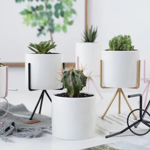 Image of APHACATOP Ceramic Planter with metal Plant Stand Matte White Planter Pot PLANT POTS