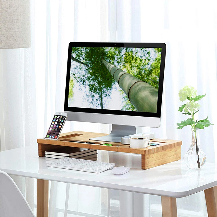 
Computers Shelf Desktop Storage Organizer Wooden Bamboo Monitor Stand 