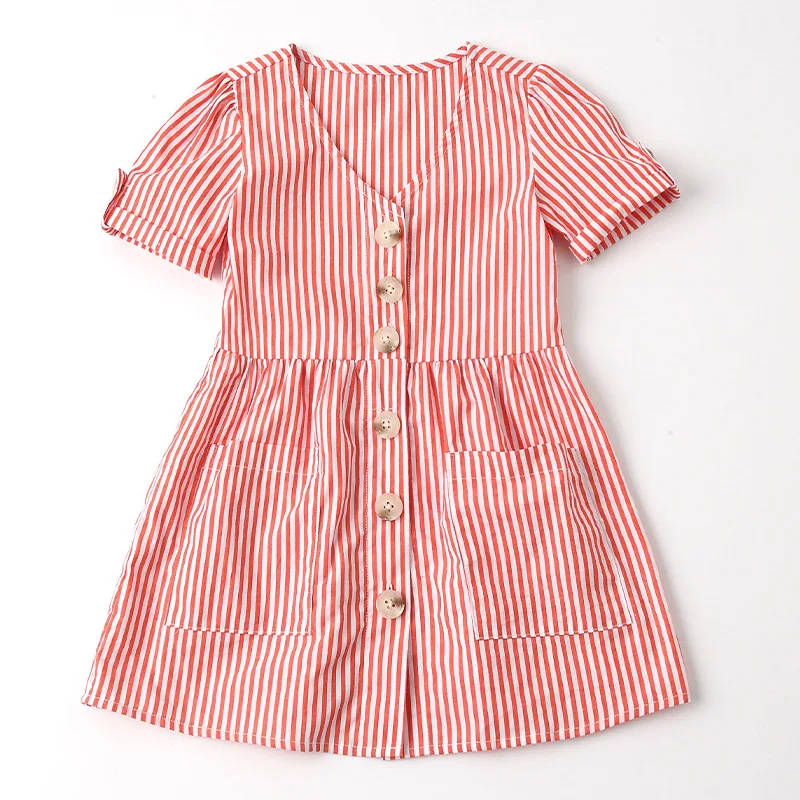 

New Design Baby Girls Summer Clothing short Sleeve Pink v-neck striped dress for Girls