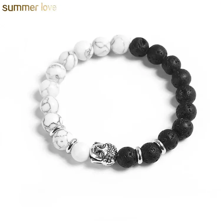 

8mm Simple Natural Lava Stone Bead Silver Plated Buddha Black White Chakra Beads Magnetic Bracelet For Women Men Jewelry