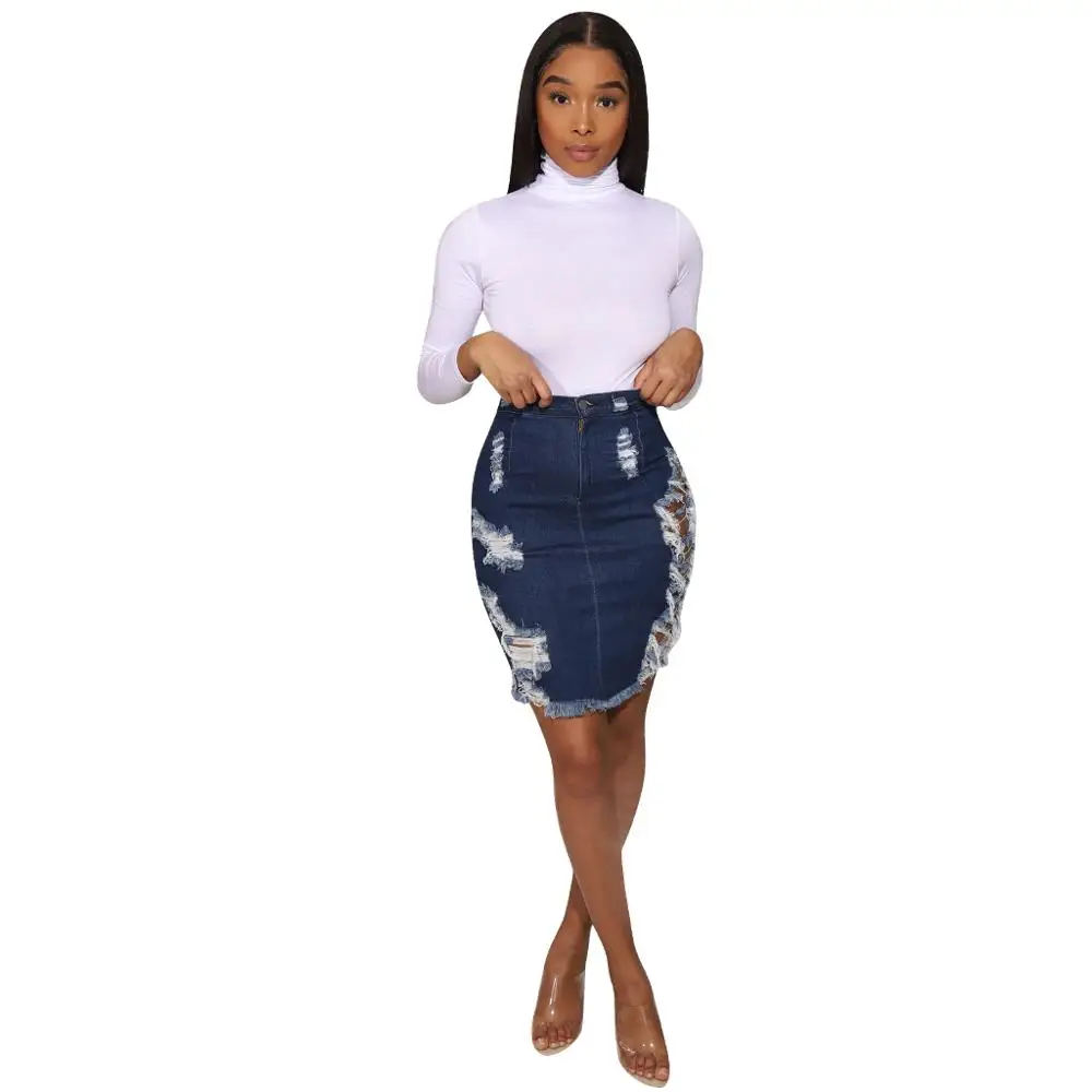 

3700 women ripped jean skirt high stretch mini denim skirt, Blue