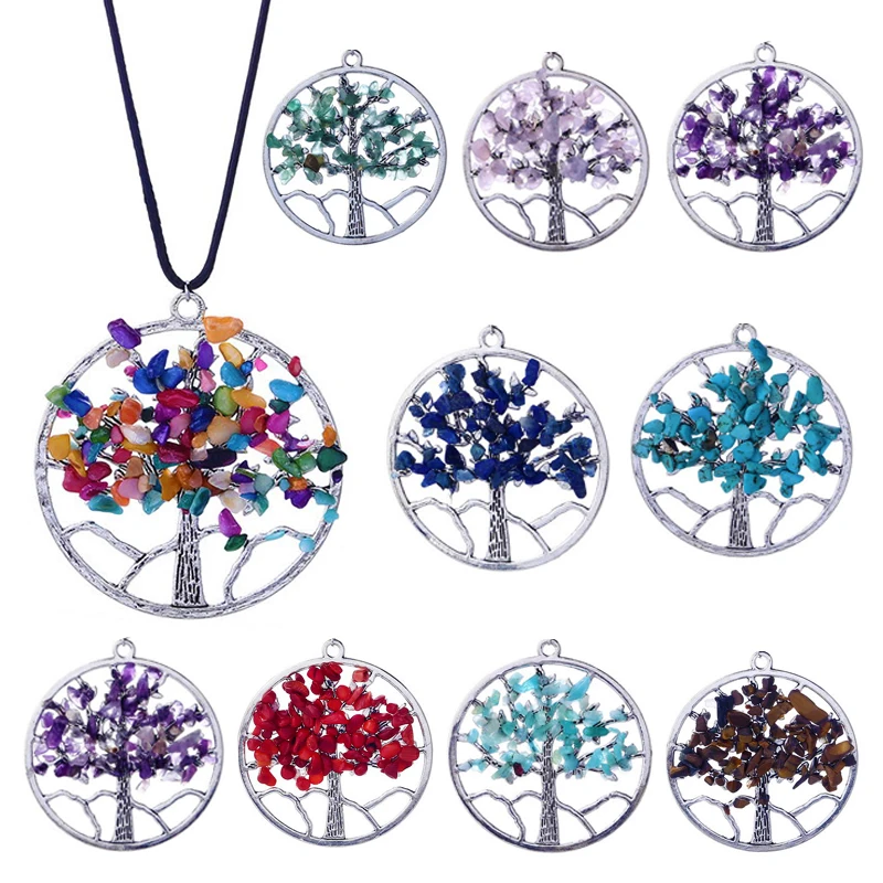 

customised necklaces Multicolor Natural Gravel Gemstone Necklace Tiger Eye Stone Opal Stone Tree Of Life Pendant Necklace Men