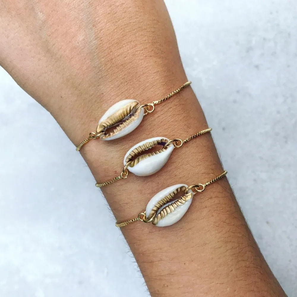 

New Arrival Summer Beach Gold White Shell Charm Bracelet Adjustable Gold Thin Chain Cowrie Shell Bracelet