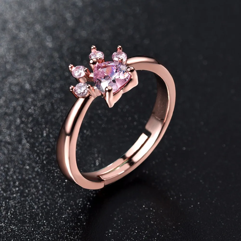 

2019 New Cute Cat Claw Opening Adjustable Ring Rose Gold Rings for Women Romantic Wedding Pink Crystal Love Gifts Jewelry, As shown