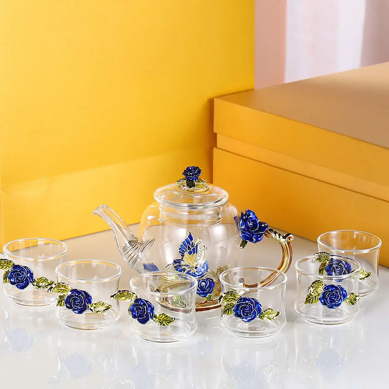 
2019 flower decorated enamel teapot mug with glass enamel mug 