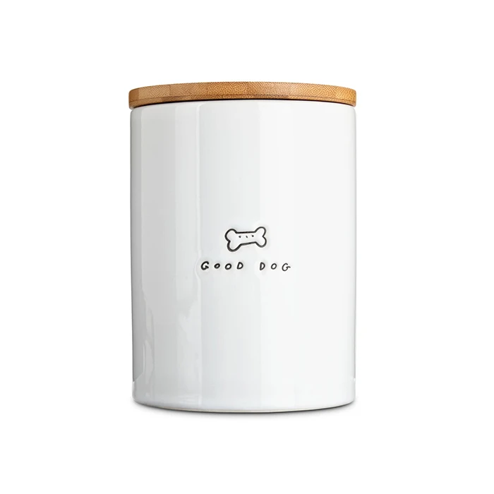 

White Ceramic Good Dog Treat Jar with Bamboo Lid, Customized color