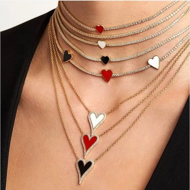 

red black white enamel heart pendant necklace for lover girlfriend gift jewelry