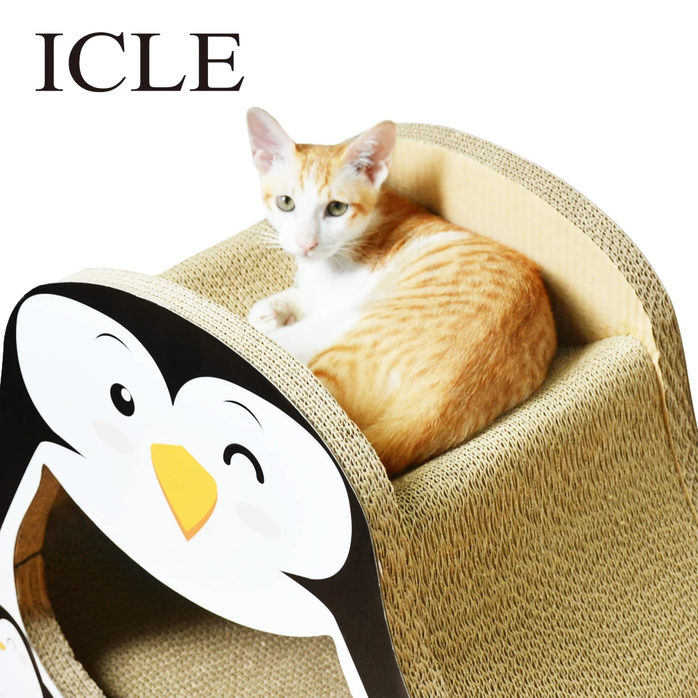 

icle-IC-1032-black New Design Eco-friendly Stand Penguin-Shaped Recycle Corrugated Paper Cardboard Cat Paws Scratcher house