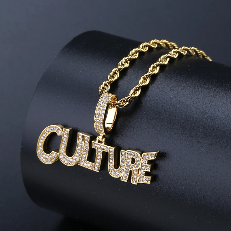 

Men Hip Hop Jewelry Bubble Irregular Letters CULTURE Pendant Necklace Gold Silver Color Iced Out CZ Necklace (SK200), As picture