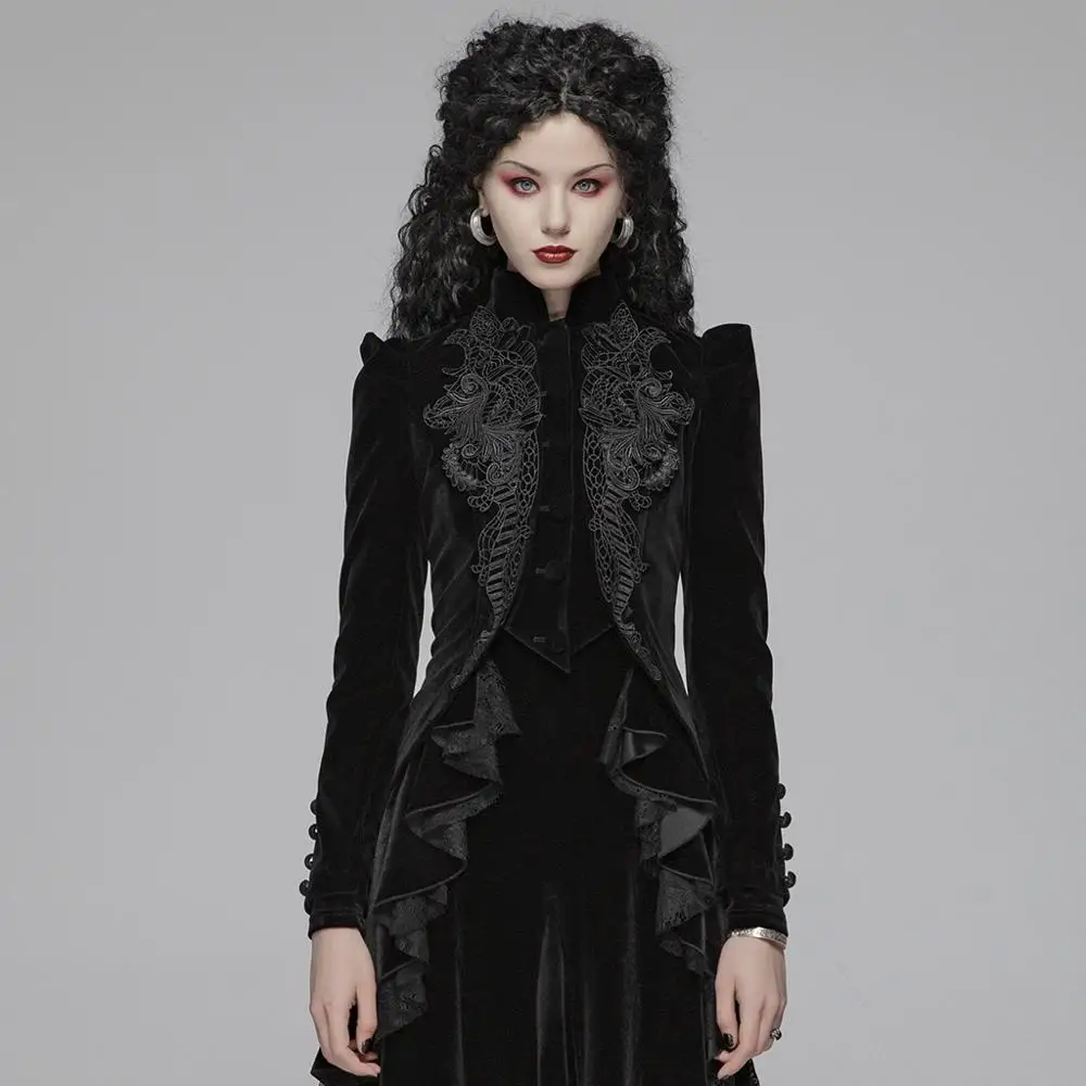 

PUNKRAVE WY-1045LDF Gothic Weft Velvet Short Coat Velvet Womens Coat, Black
