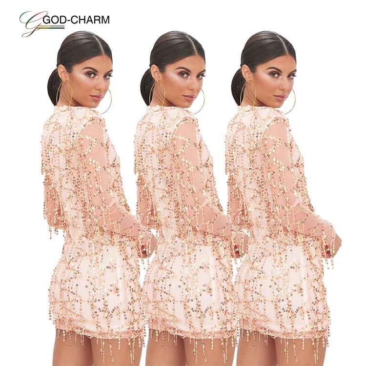 

G-86704S wholesale sexy 2019 Fashion sequined mesh party dress with long sleeves and a round neck