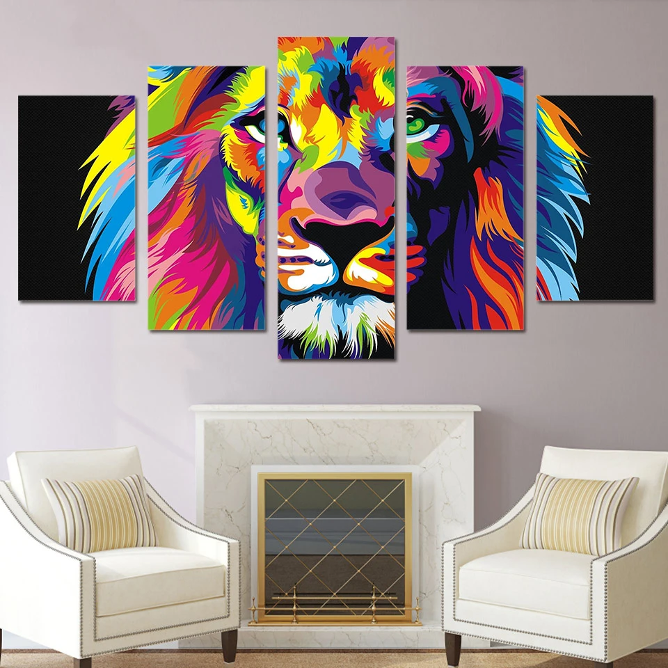 

Giclee artwork 5 panels lion canvas print painting for dinning room home hotel cafe Wall Decoration animal painting