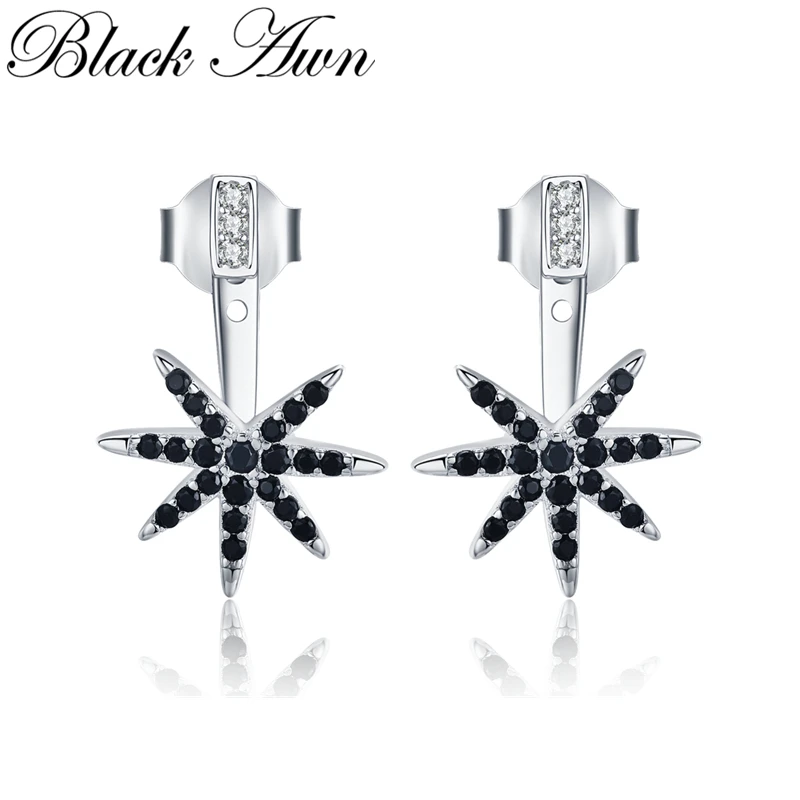 

[BLACK AWN] 925 Sterling Silver Jewelry Wedding Black Spinel Stud Earrings for Women Female Snowflake Earrings I031