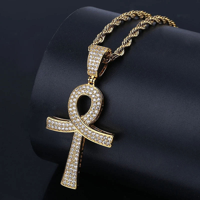 

Hip Hop Rapper Jewelry Egyptian Ankh Key Cross Pendants Necklaces for Men Women Bling Iced Out CZ Necklace (SK218), As picture