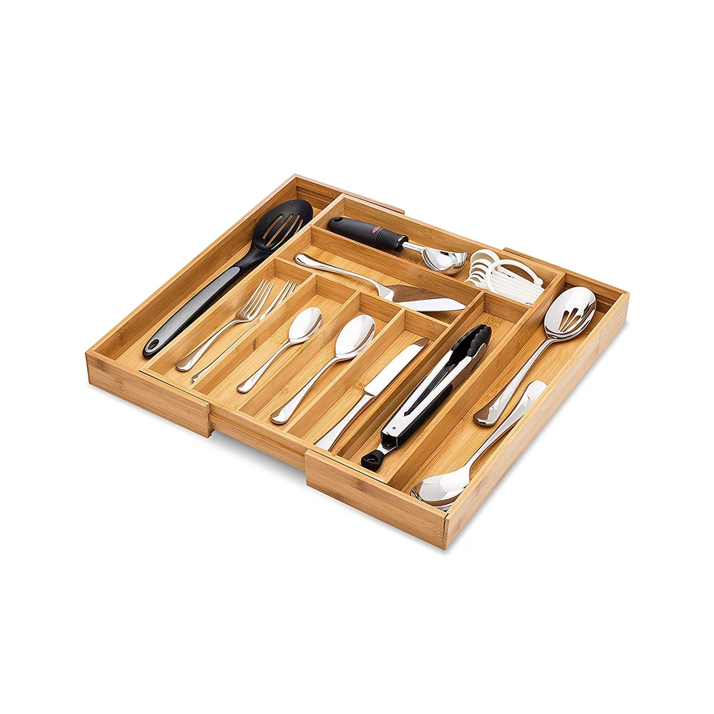 

Wholesale 100% Natural Bamboo Kitchen Adjustable Cutlery Tray Drawer Organizer With Knife Block, N/a