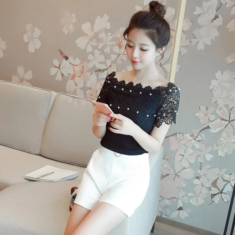 

Summer Off-Shoulder Slash Collar Solid Color Lace Pearls Short-Sleeved Blouse Women's Korean Shirt