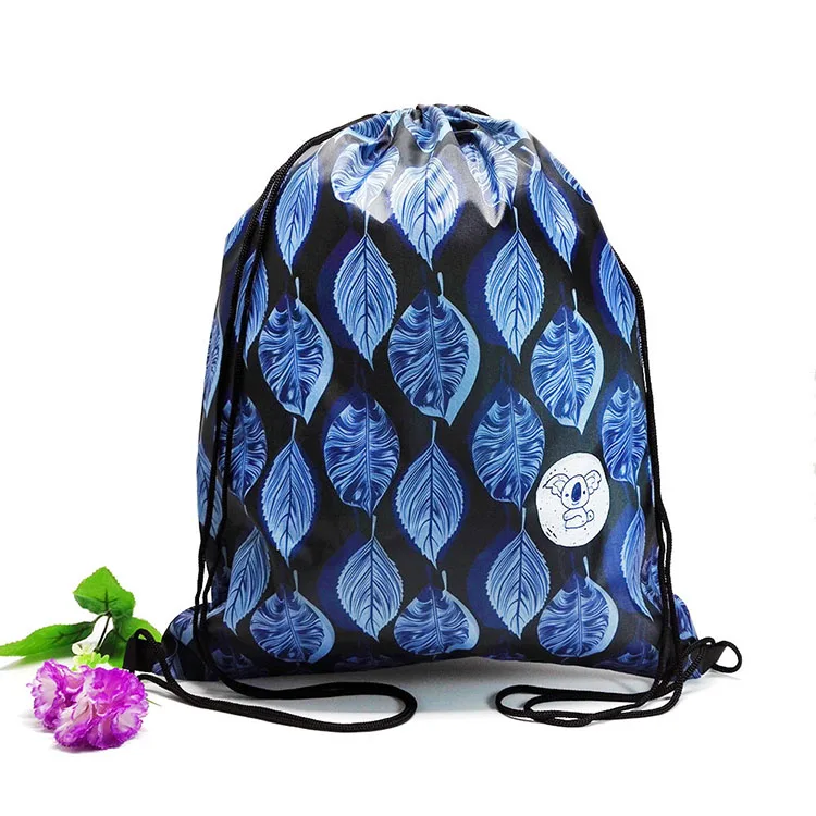 

China promotional Custom Leaves full sublimation back packs 210D polyester draw string bag/custom logo backpack drawstring
