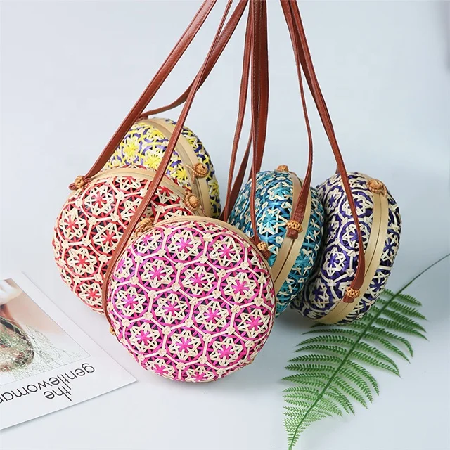 

Bali Rattan Round Straw Bag With Long Strap Bohemian Women Retro Summer Beach Shoulder Bag Handmade Mixed color Bali Tote Bag, Customizable