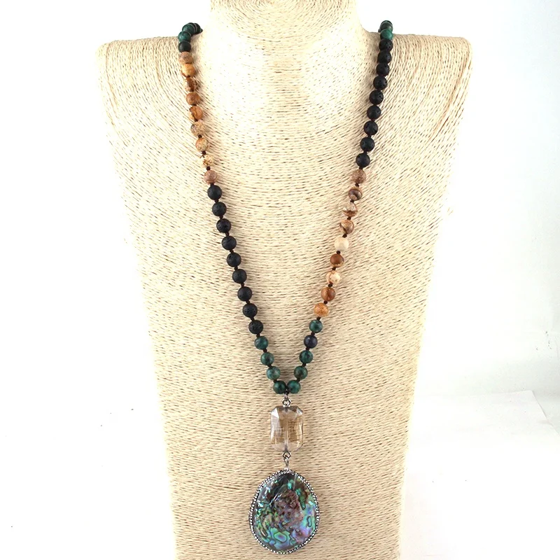 

Women Natural Lava African Turquoise Yoga Necklace lady Crystal Link Seashell Drop Pendant Necklace 108 Beads Mala Necklace