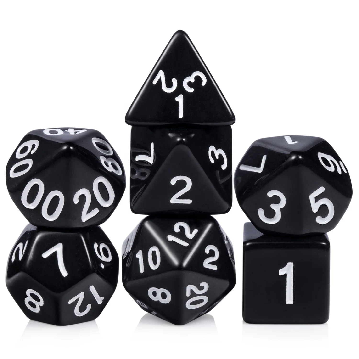 

Factory Wholesale Acrylic Polyhedral DND Dice Set Black d4 d6 d8 d10 d12 d20 d% dice game for Dungeons and Dragons