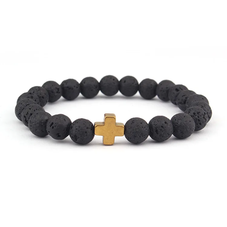 

Wholesale Custom  Cross Natural Lava Beads Bracelet For Men, Picture
