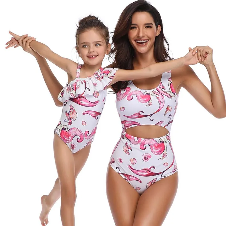 

Mermaid Print Ruffle High Waist Hollow Cut Out Mom Girl Children One Piece Swimsuits Parent-Child Family Swimwear Bathing Suits