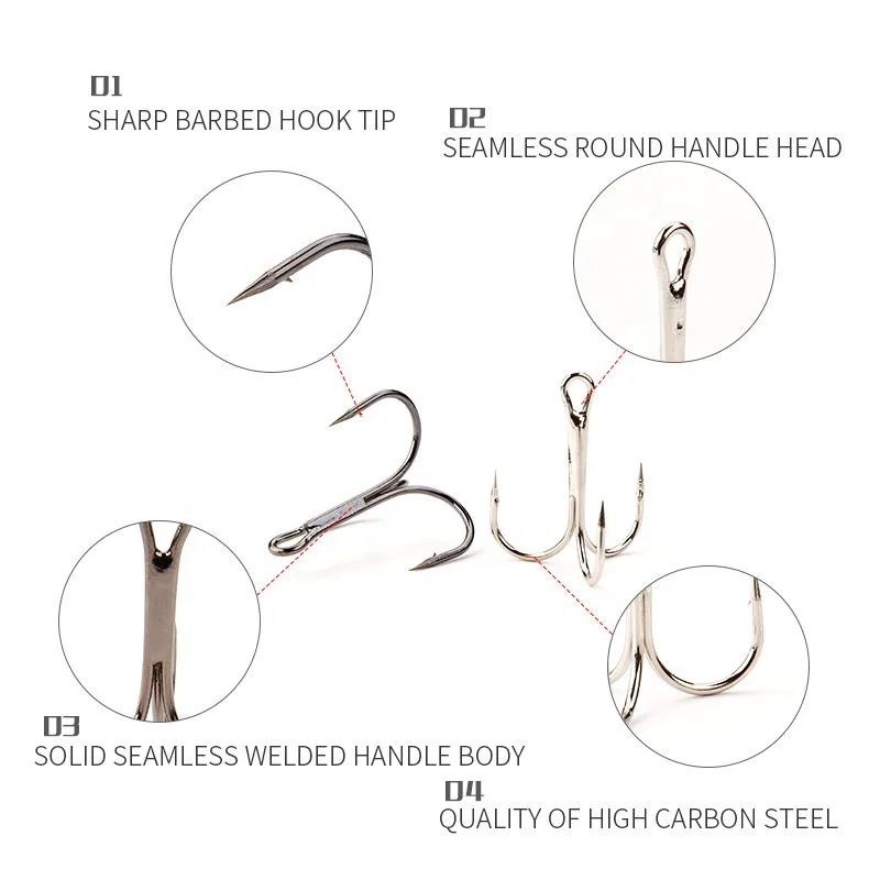 

100pcs Fishing Hooks High Steel Carbon Material Treble Fishing Hook Round Folded Saltwater Bass 1/0 # 8/0 # Tackle Tools, Silver