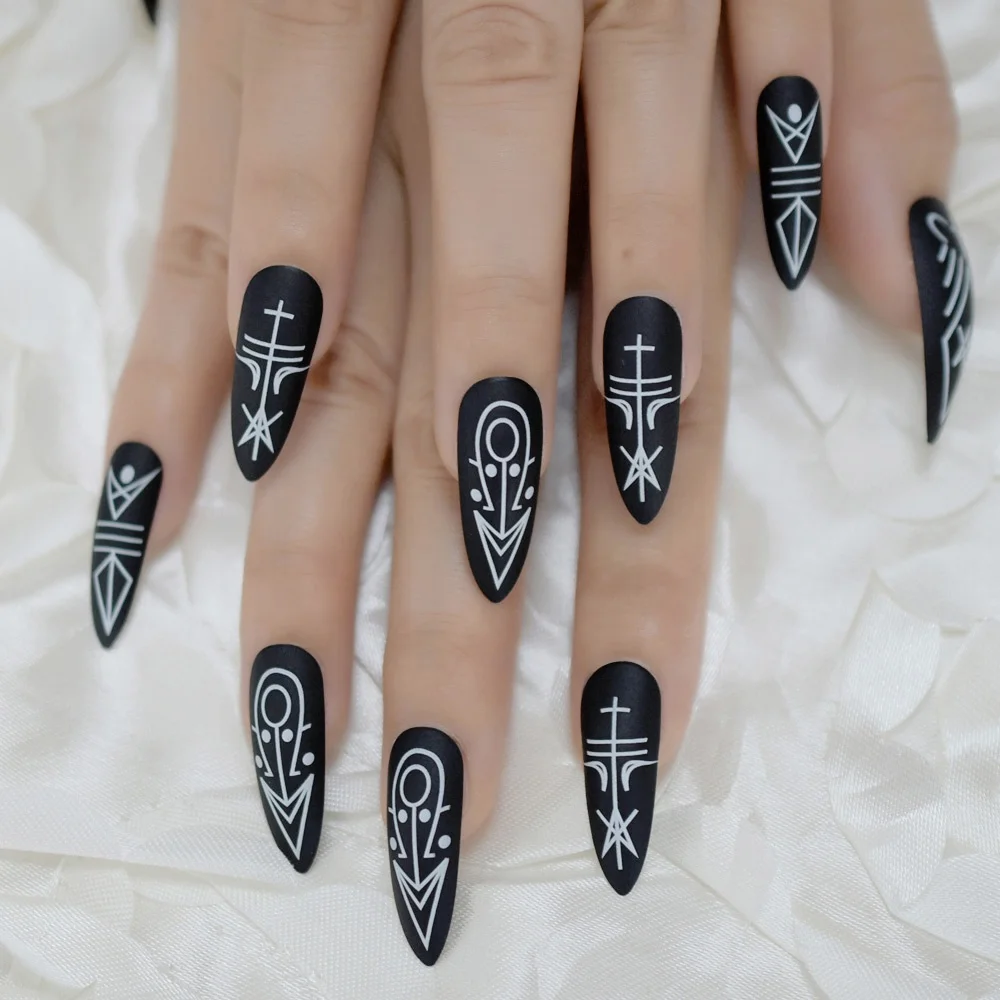 

Extra Long Matt Acrylic Artificial Nails Black Witch Halloween Decoration Designed Fake Nail Curved Long Manicure Tips