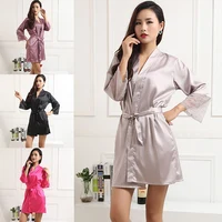 

Mid-sleeve Sexy Women Deep-V Nightwear Robes Lace Silk Female Bathrobes Sleepwear