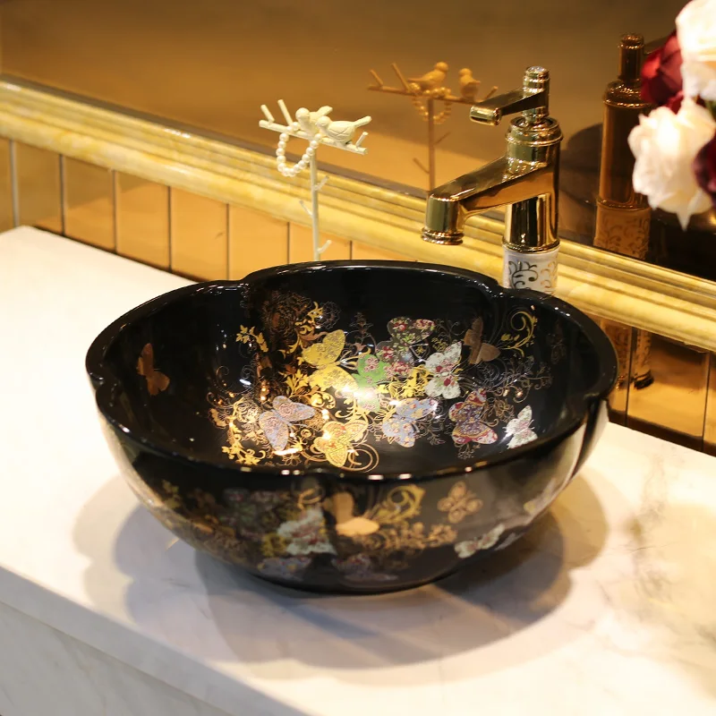 

Butterfly design Jingdezhen ceramic art countertop porcelain wash basin bowl black and blue bathroom sink flower shape