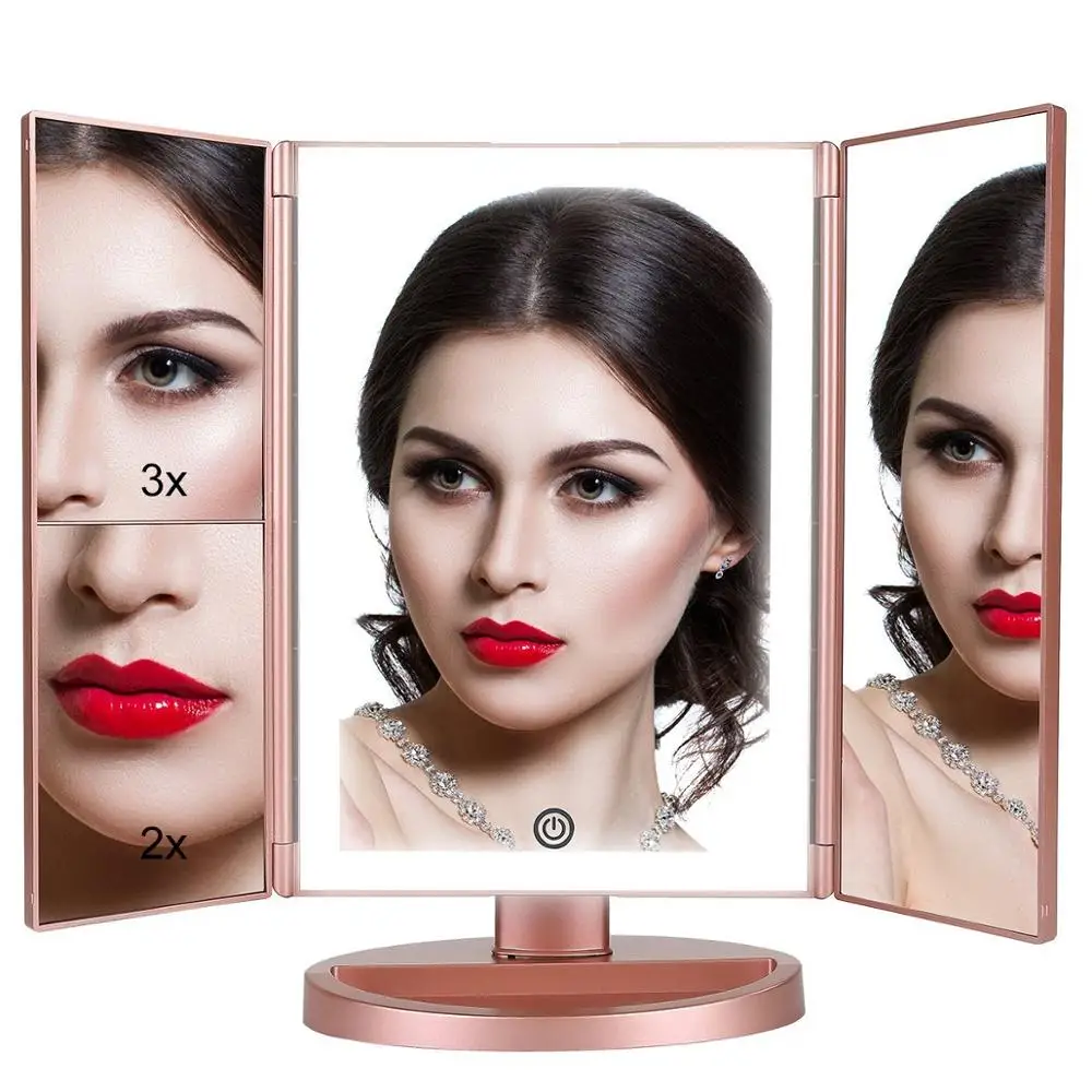 

Touch Screen 180 Degree Adjustable Led Lighting Tri Folding Makeup Vanity Mirror With 3X/2X/1X Magnification
