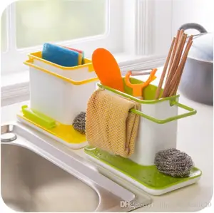 Image of Sponge Kitchen Box Draining Rack Dish Self Draining Sink Storage Rack Kitchen Organizer Stands Utensils Towel Rack YS-18
