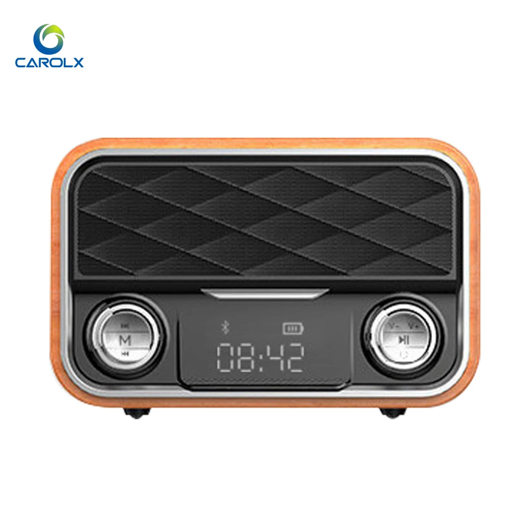 

wireless charging bluetooth speaker wooden mini portable FM radio rotary switch TF card amplifier subwoofer time display, Teak;walnut