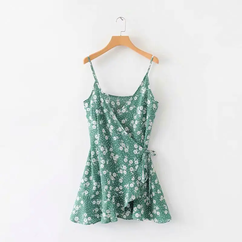 

Women's Fashion Sun Flower Print Wrap Sling V-Neck Lace Dress, As picture