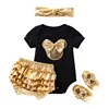 Factory price 100% Cotton infant baby girls boutique clothing sets black gold Dancing Rompers Sets 4pcs