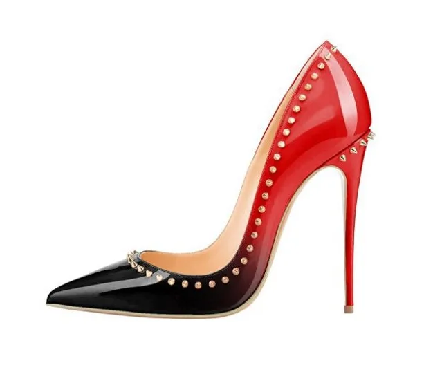 

China factory handmade Tailingjia Rivets fashion design high heel large size office shoes pumps, Black/red