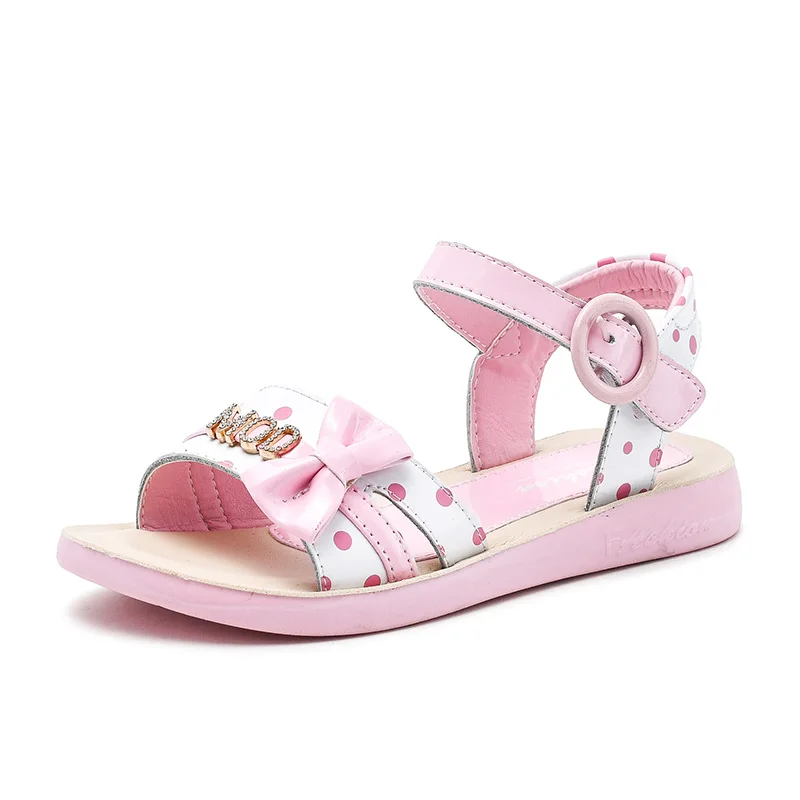 

princess girl bowtie sandals big size school beach summer flat children kids student ankle strap shoe footwear, Pink/black