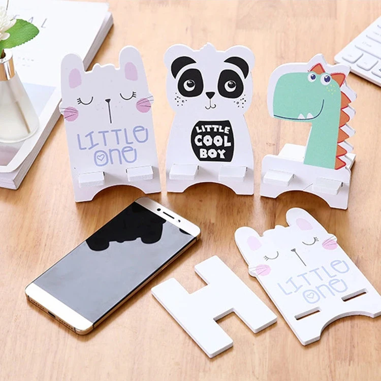 

Free Sample Custom Logo Cute Cartoon Wood Mobile Phone Holder Support Creative Wooden Desk Phone Stand, Black panda/green dinosaur/pink cat