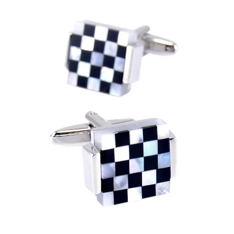 

Trendy High Quality Black and White Shell Square Lattice Cufflinks for Mens Shirt, Silver