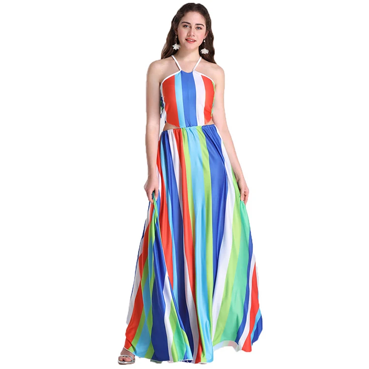 

Nice Quality Beach Dress Cover Up Sexy Stripes Maxi Halter Ladies Western Dress Designs, Mix color