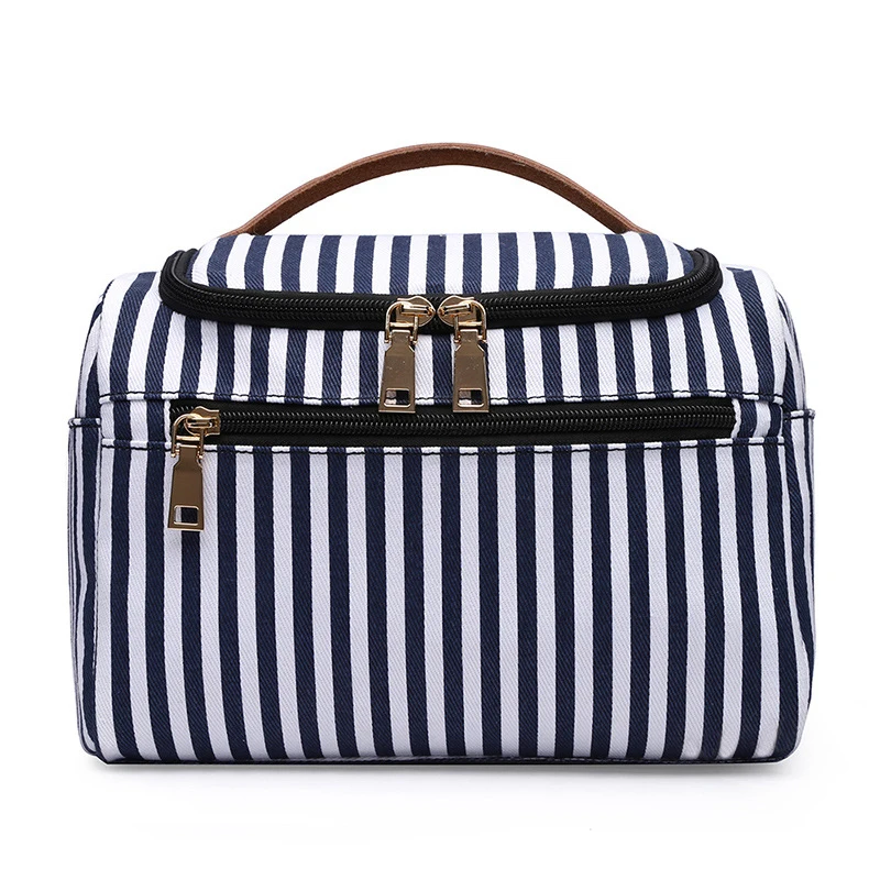 

In Stock Wholesale Travel Cosmetic Bags Canvas fashion stripe Bag lady's Bath Make Up Toiletry Bag, Customized