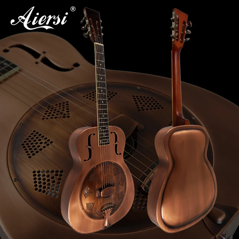 

Aiersi brand O Style Blues slide Vintage Red Rust Bell Brass Resonator Guitar, Red copper